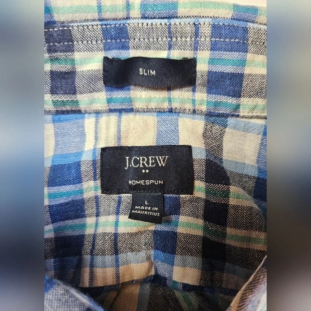 J Crew Mens Slim Blue Plaid Long Sleeve Button Up Collared Shirt Size Large